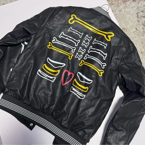 Hardsoda Skeleton Bones Varsity Jacket Black Faux Leather Unisex - Picture 10 of 10